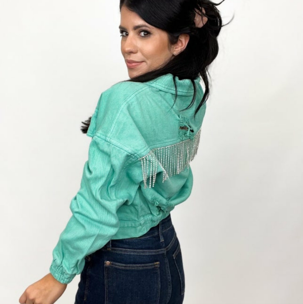 Teal Rhinestone Fringe Jacket